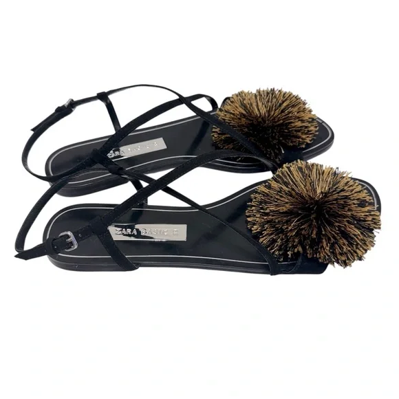 Zara Basic Collection Pom‎ Pom Strappy Flat Sandals Sz 8, - Picture 2 of 8